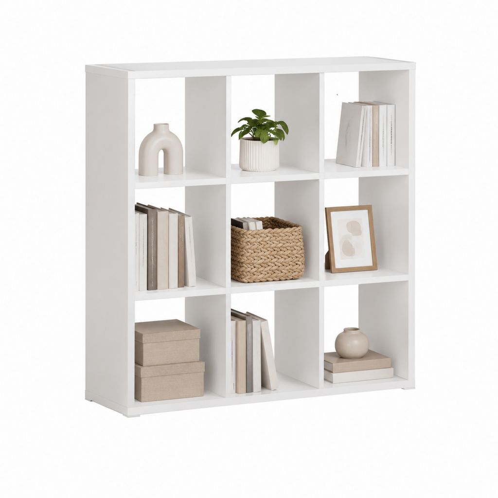 Bibliothèque à 9 cases blanche en panneaux de particules mélaminés 90 x 30 x 90 cm