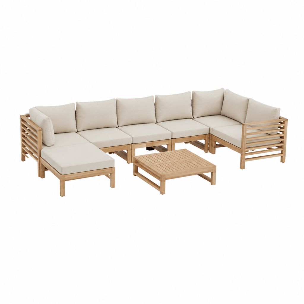 Salon de jardin d'angle 6 places en acacia massif beige avec table basse 315 x 230 cm