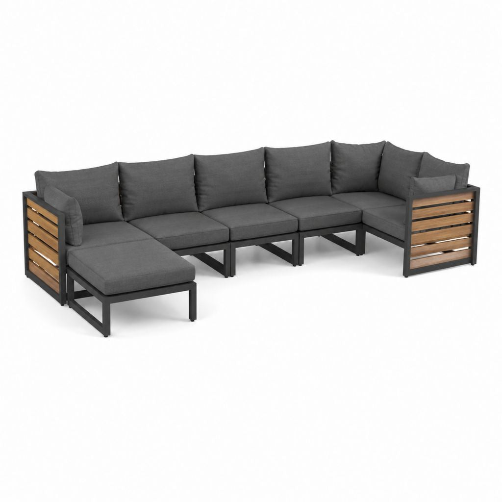 Salon de jardin d'angle 4 places avec méridienne gris anthracite acier acacia 280 x 210 x 70 cm