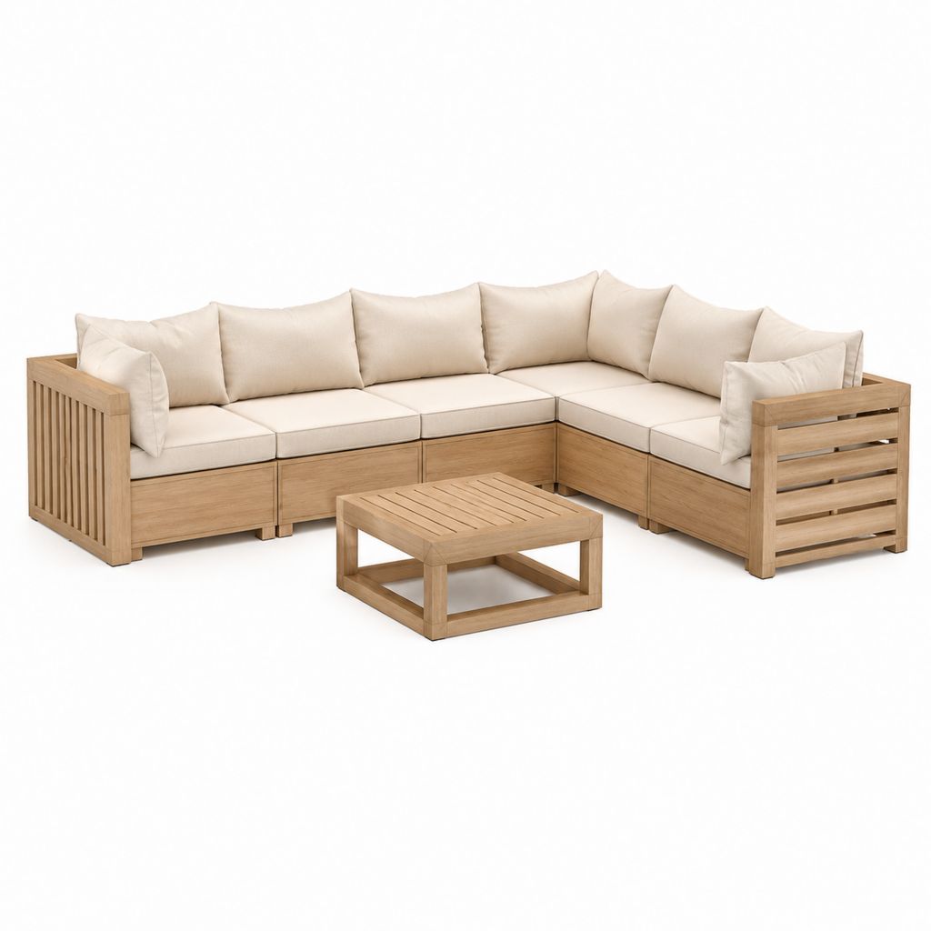 Salon de jardin d'angle 5 places en acacia massif beige avec table basse 250 x 250 cm