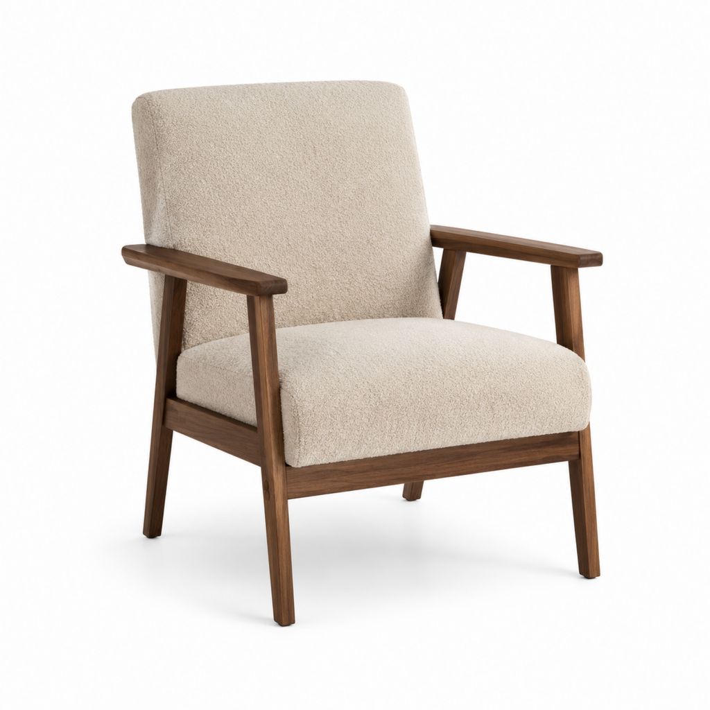 Fauteuil de salon beige en polyester bouclette et bois massif 70 x 68 x 82 cm