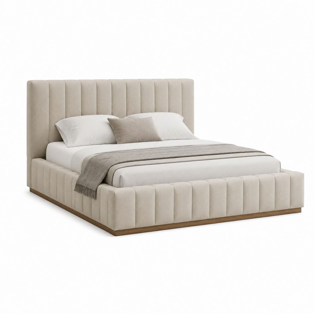 Lit coffre 160 x 200 cm beige en polyester avec tête de lit capitonnée