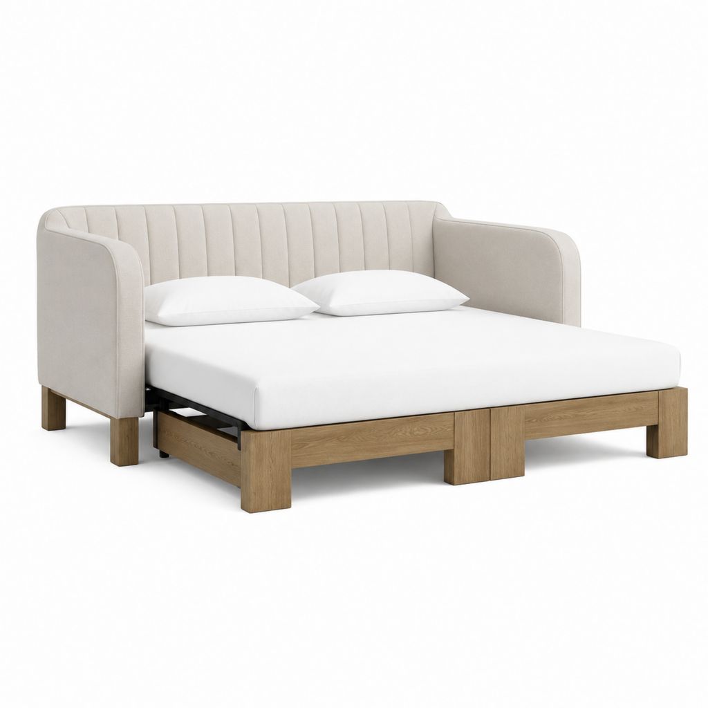 Canapé-lit gigogne beige en polyester et MDF 90 x 200 cm avec lit coulissant