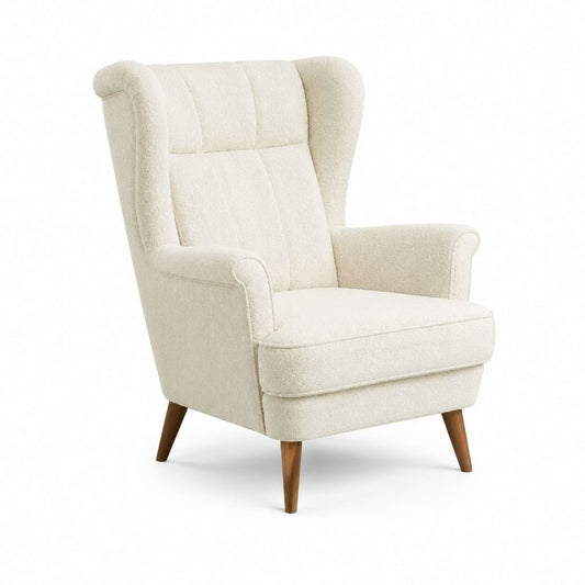 Fauteuil à oreilles écru en polyester bouclé avec pieds en hévéa massif 78 x 88 x 105 cm