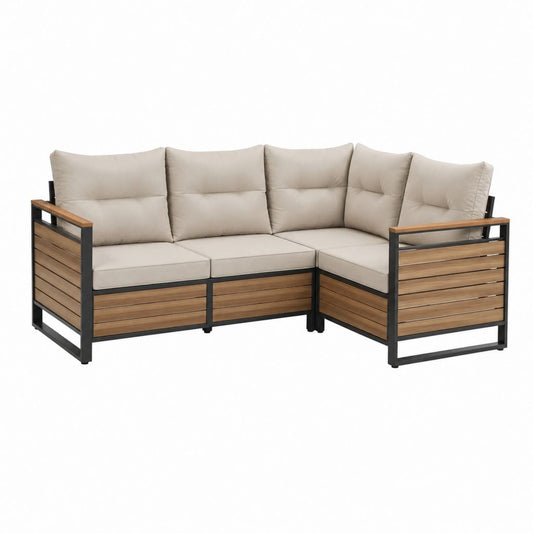 Canapé de jardin d'angle 3 places beige en aluminium et acacia 210 x 210 x 70 cm