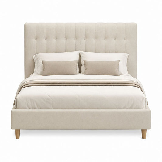 Lit coffre 160 x 200 cm beige en polyester avec tête de lit capitonnée