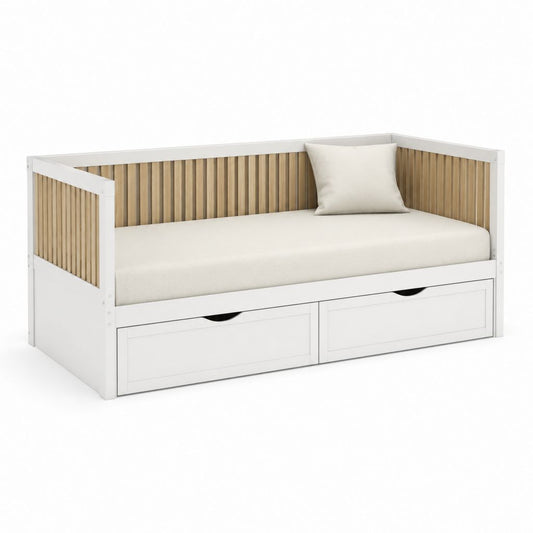 Lit enfant canapé blanc en pin massif avec matelas 140 x 70 cm et 2 tiroirs