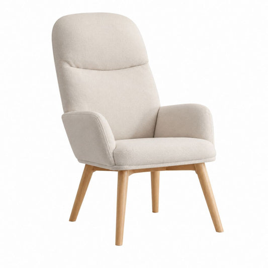 Fauteuil de salon beige enveloppant en polyester avec pieds en hévéa massif 70 x 81 x 102 cm