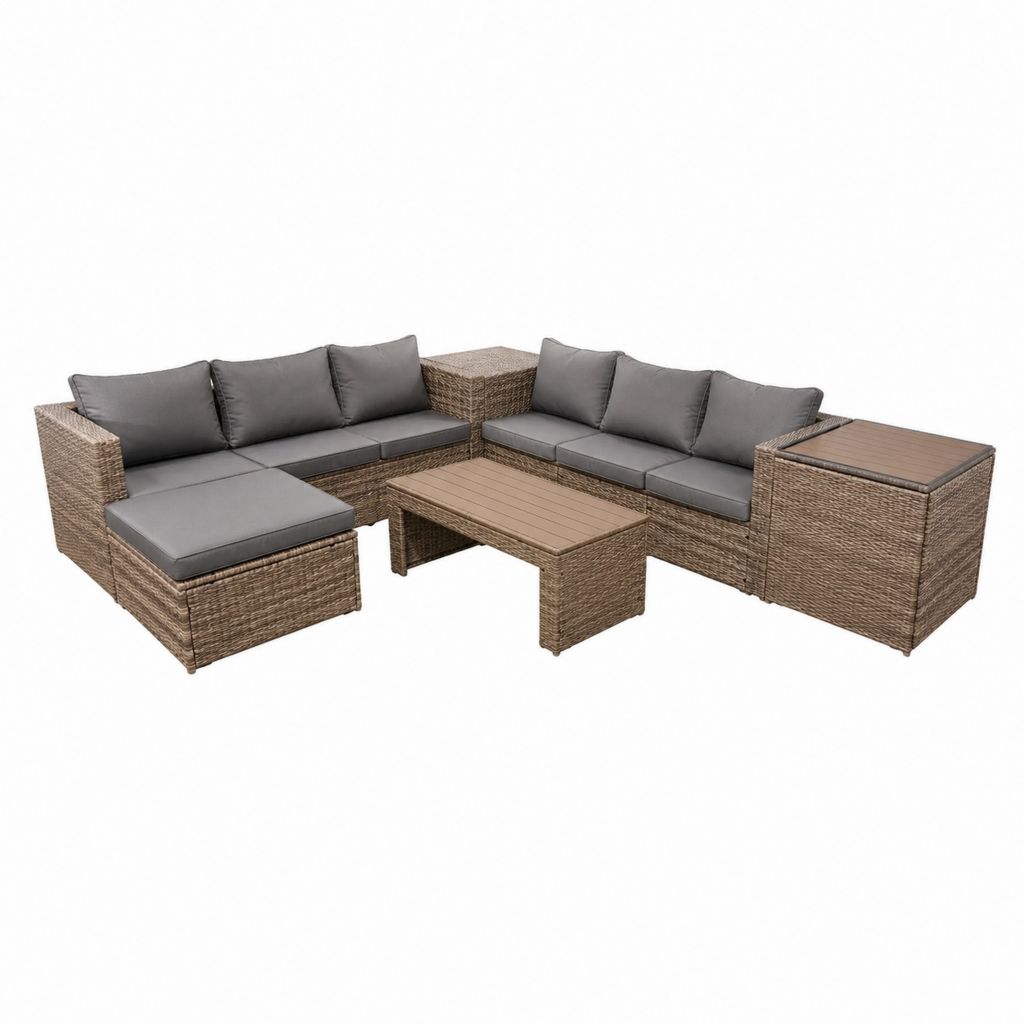 Salon de jardin d'angle 5 pièces brun et gris en résine tressée avec coussins et table basse 290 x 220 cm