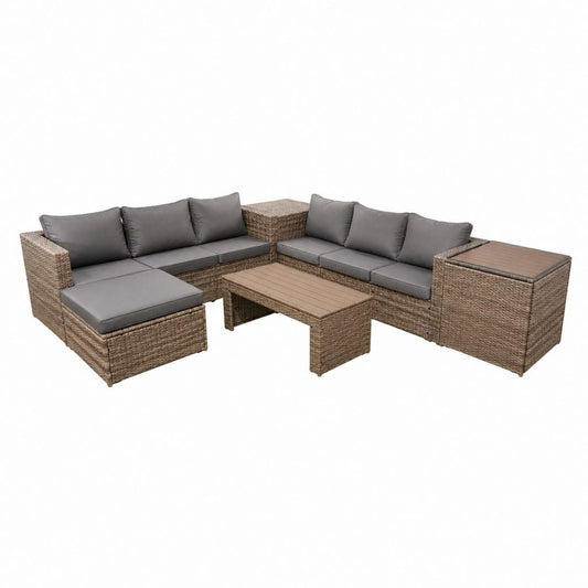 Salon de jardin d'angle 5 pièces brun et gris en résine tressée avec coussins et table basse 290 x 220 cm