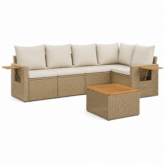Salon de jardin d'angle 5 places beige en résine tressée PE avec table basse 265 x 205 cm