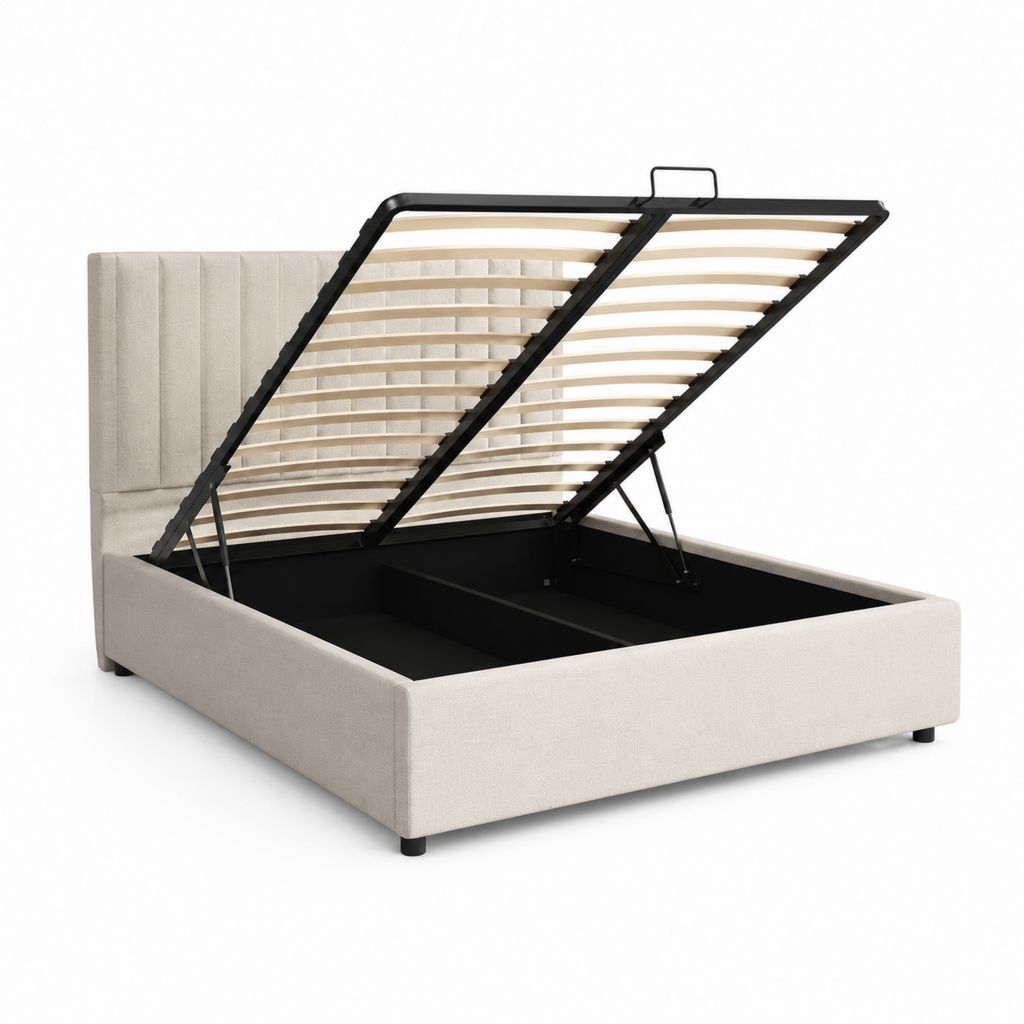 Lit coffre 160 x 200 cm beige en polyester avec sommier à lattes et tête de lit capitonnée