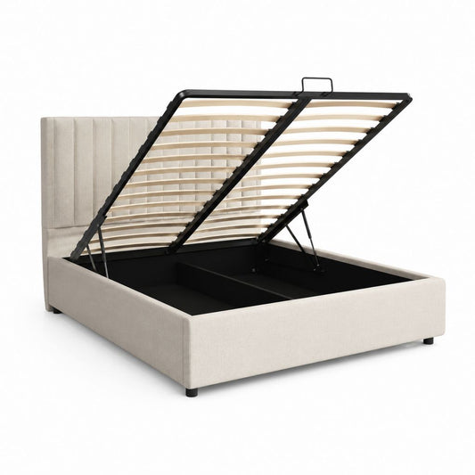Lit coffre 160 x 200 cm beige en polyester avec sommier à lattes et tête de lit capitonnée