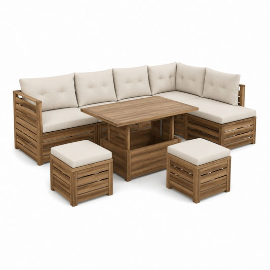 Salon de jardin d'angle 8 pièces en acacia massif marron avec coussins crème 280 x 210 x 60 cm