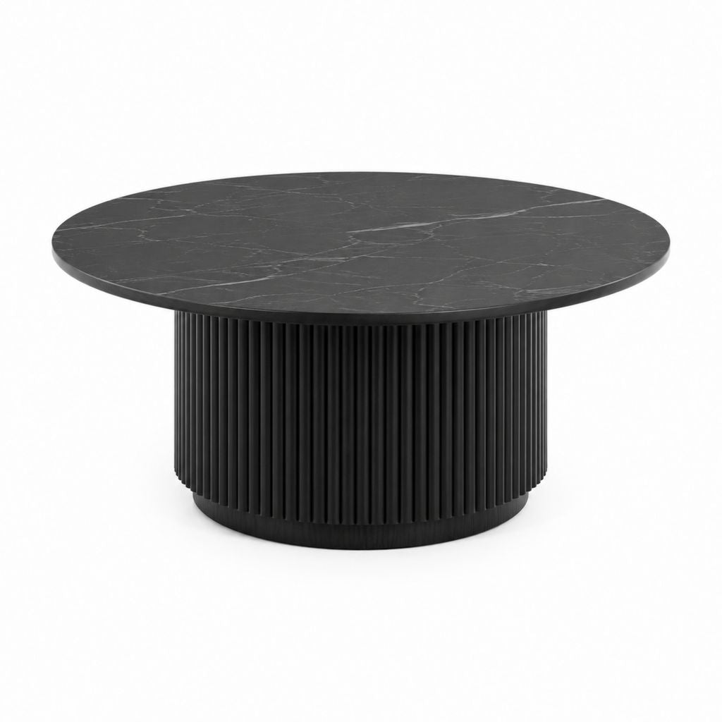 Table basse ronde noire en MDF décor marbre Ø90 x H40 cm