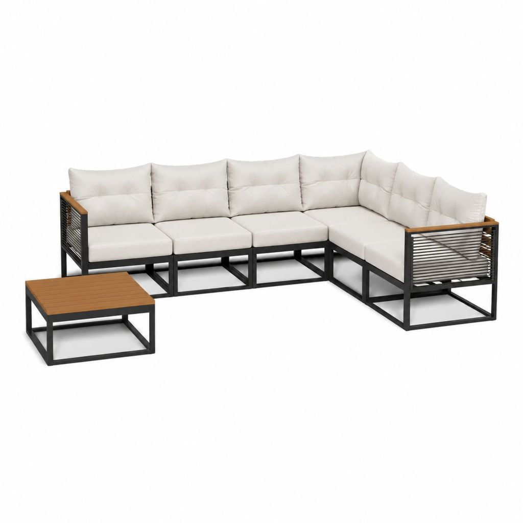 Salon de jardin d'angle 5 places en L noir et beige avec structure en aluminium 295 x 230 x 65 cm et table basse