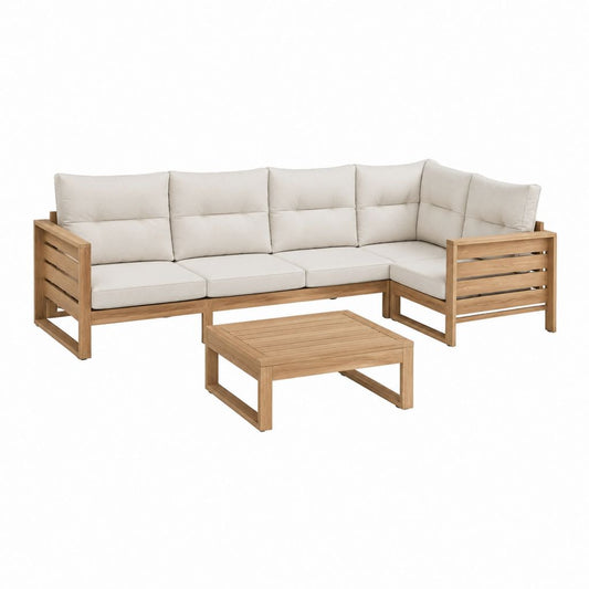 Salon de jardin d'angle 4 places en bois d'acacia beige avec table basse 220 x 220 x 75 cm