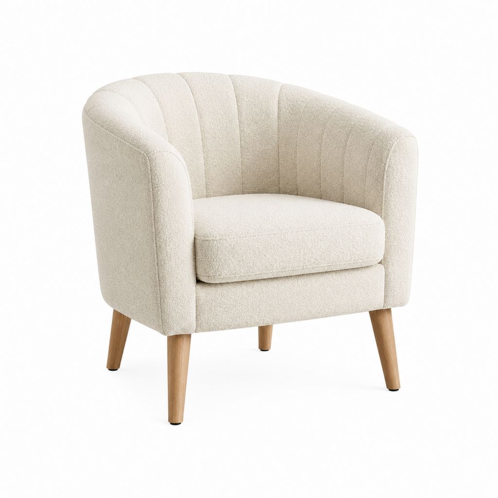 Fauteuil cabriolet beige en polyester bouclette avec pieds en bois massif 76 x 74 x 78 cm