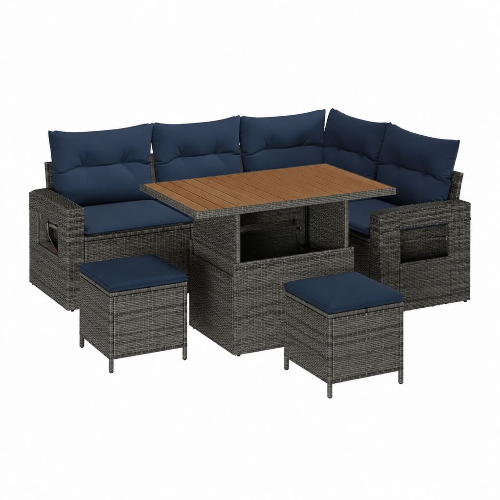 Salon de jardin d'angle 7 pièces gris anthracite et bleu en résine tressée PE avec table 109 x 109 x 72 cm
